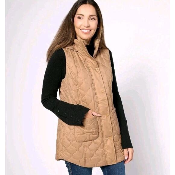 Susan Graver Weekend Water Repellant Nylon Quilted Vest w/Hood Camel 2X P - Picture 1 of 16